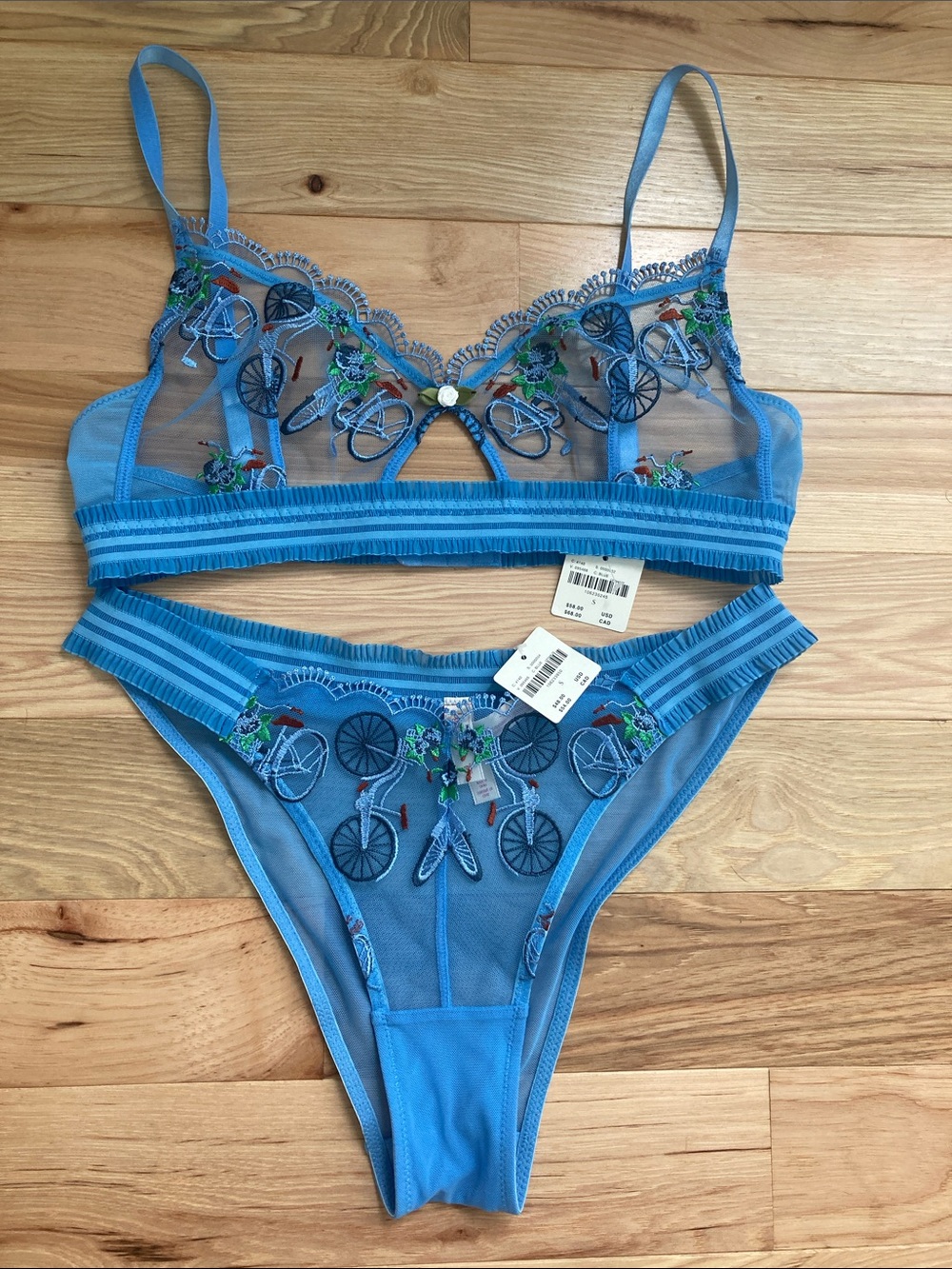 Anthropologie Blue Embroidered Mesh Bralette & Bikini Set
